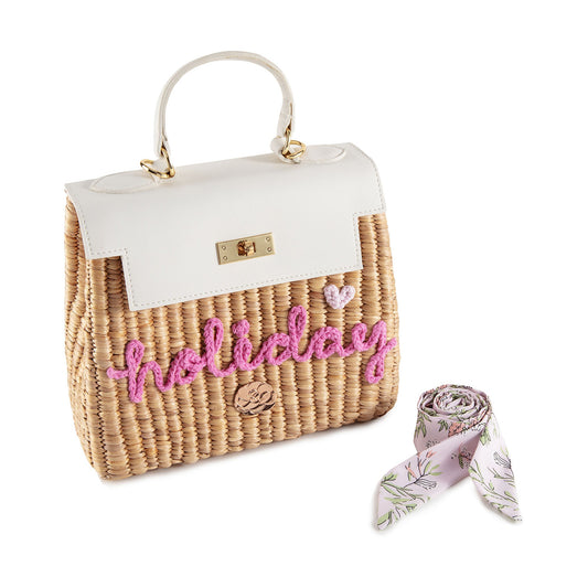 儿童白色“holiday”手提复古草编包