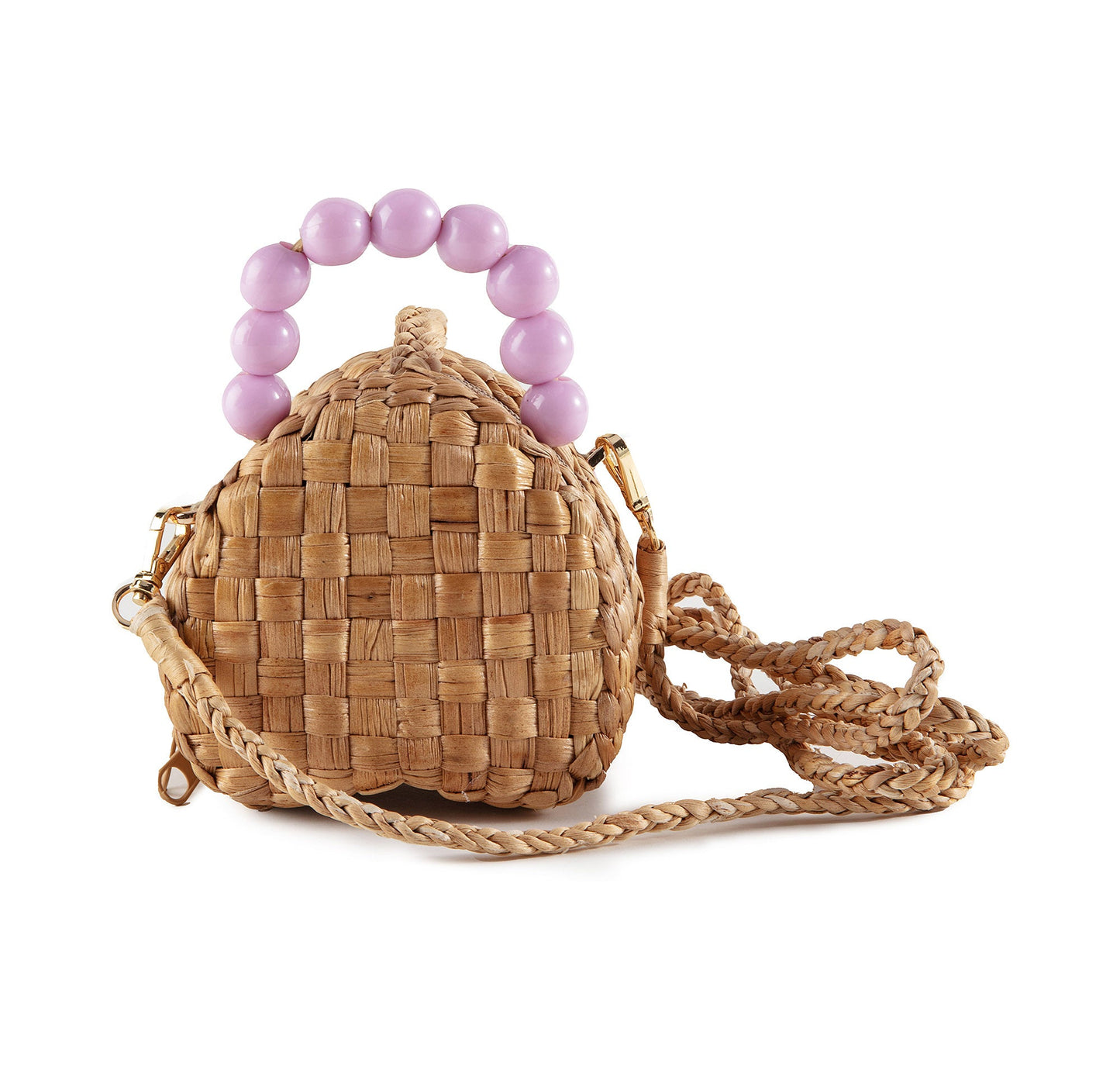 儿童三朵小花深粉手提复古草编包