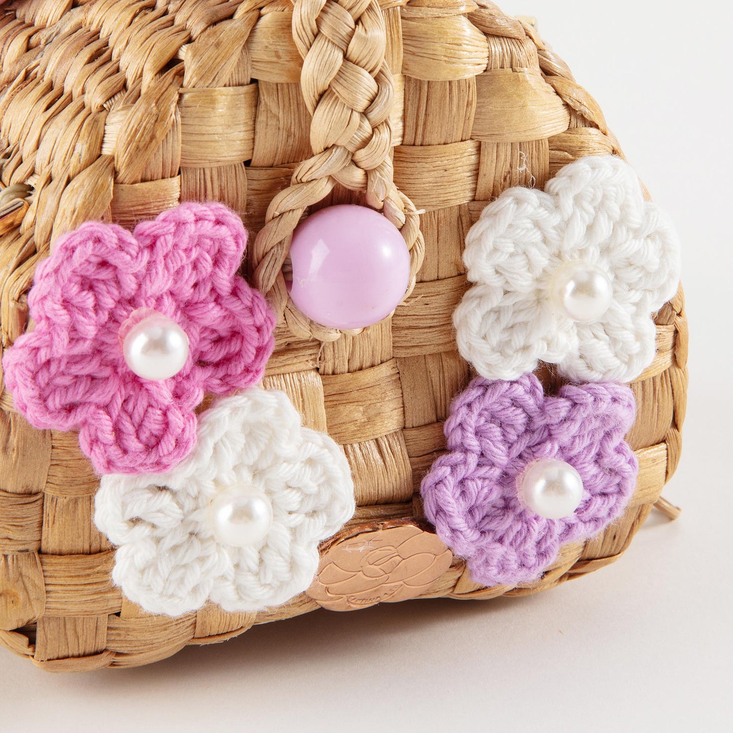 儿童三朵小花深粉手提复古草编包