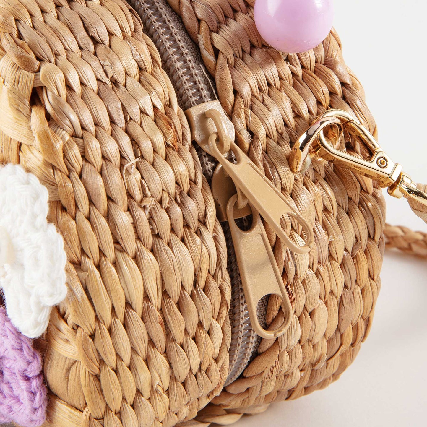 儿童三朵小花深粉手提复古草编包