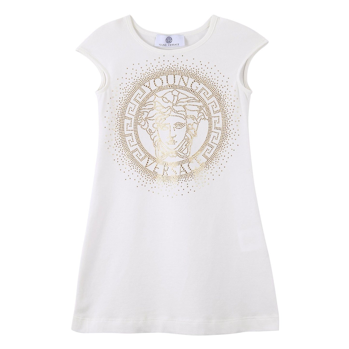 Girls White Cotton Dress With Gold Rhinestone Logo