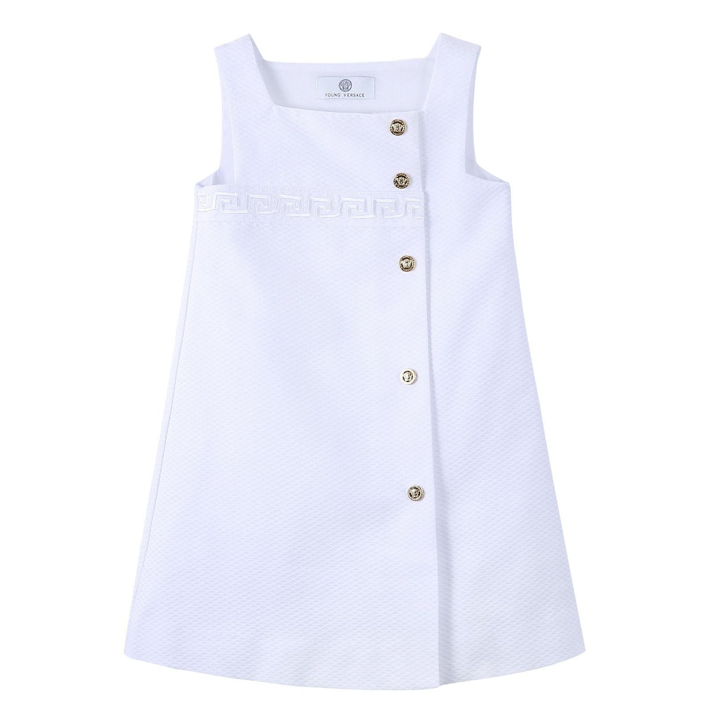Girls White Cotton Sleeveless Dress With Greca Key Trims
