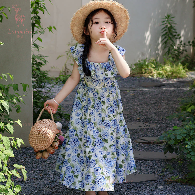 女童蓝色印花露背度假裙