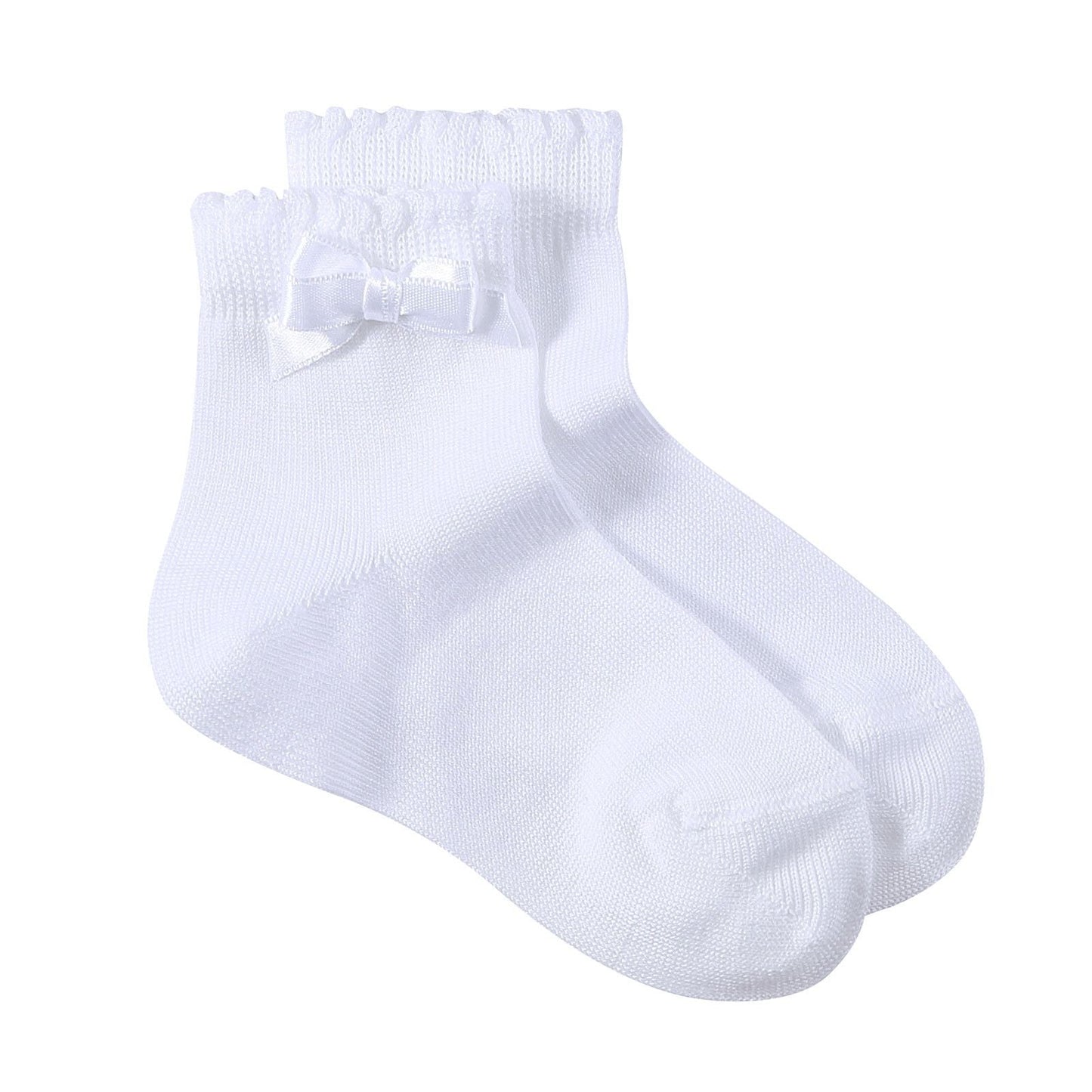 Girls White Cotton Short Socks With Bow Trims
