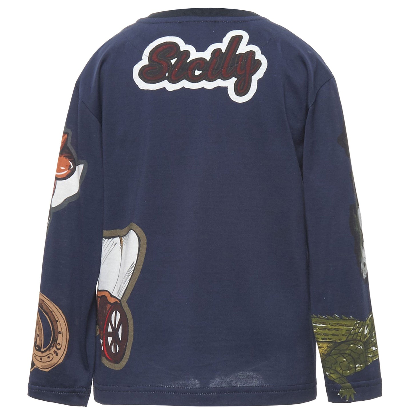 Boys Navy Blue Sicilian Western Printed Cotton T-Shirt