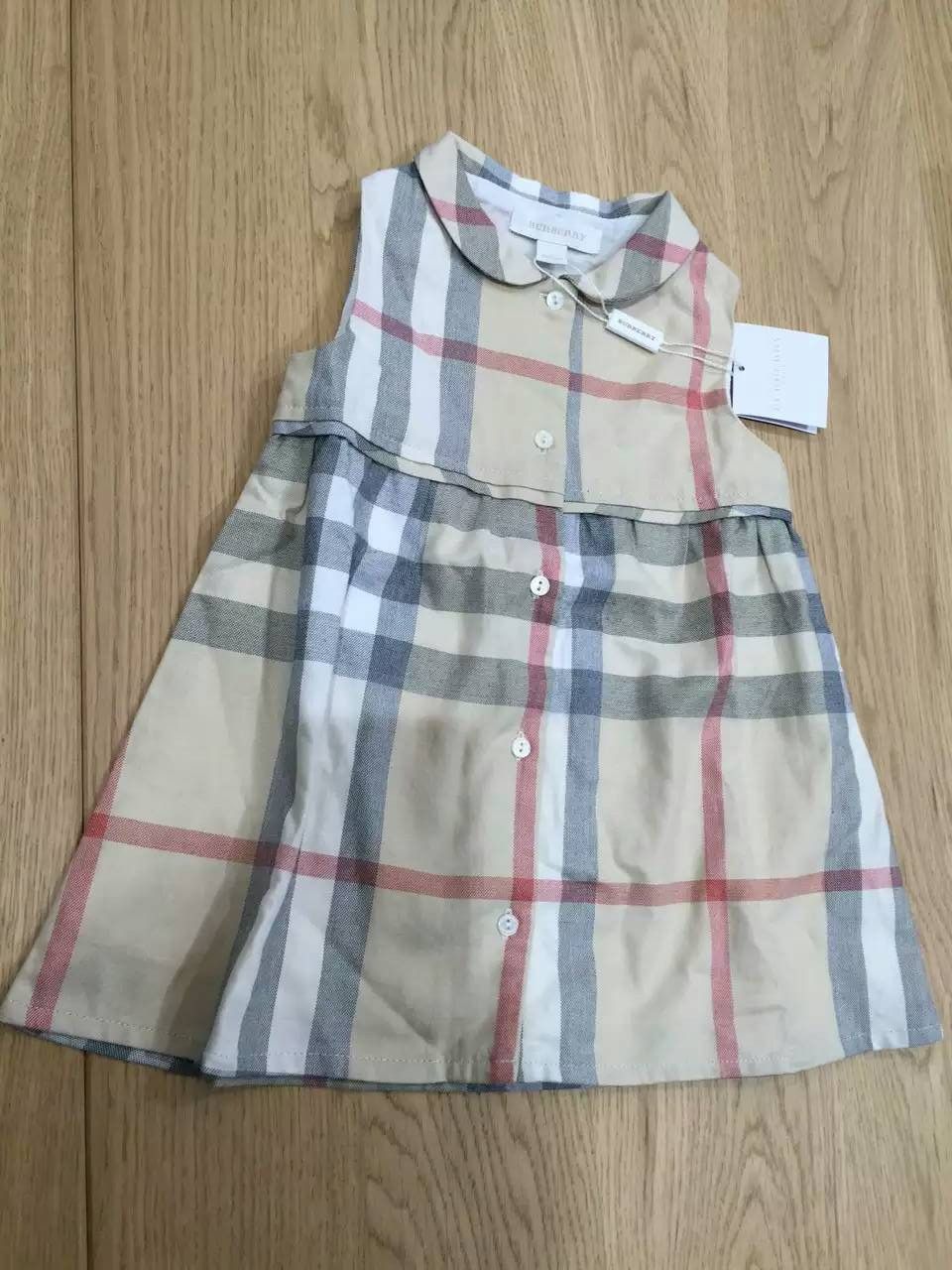 Baby Girls Beige Check Sleeveless Dress With Peter Pan Collar