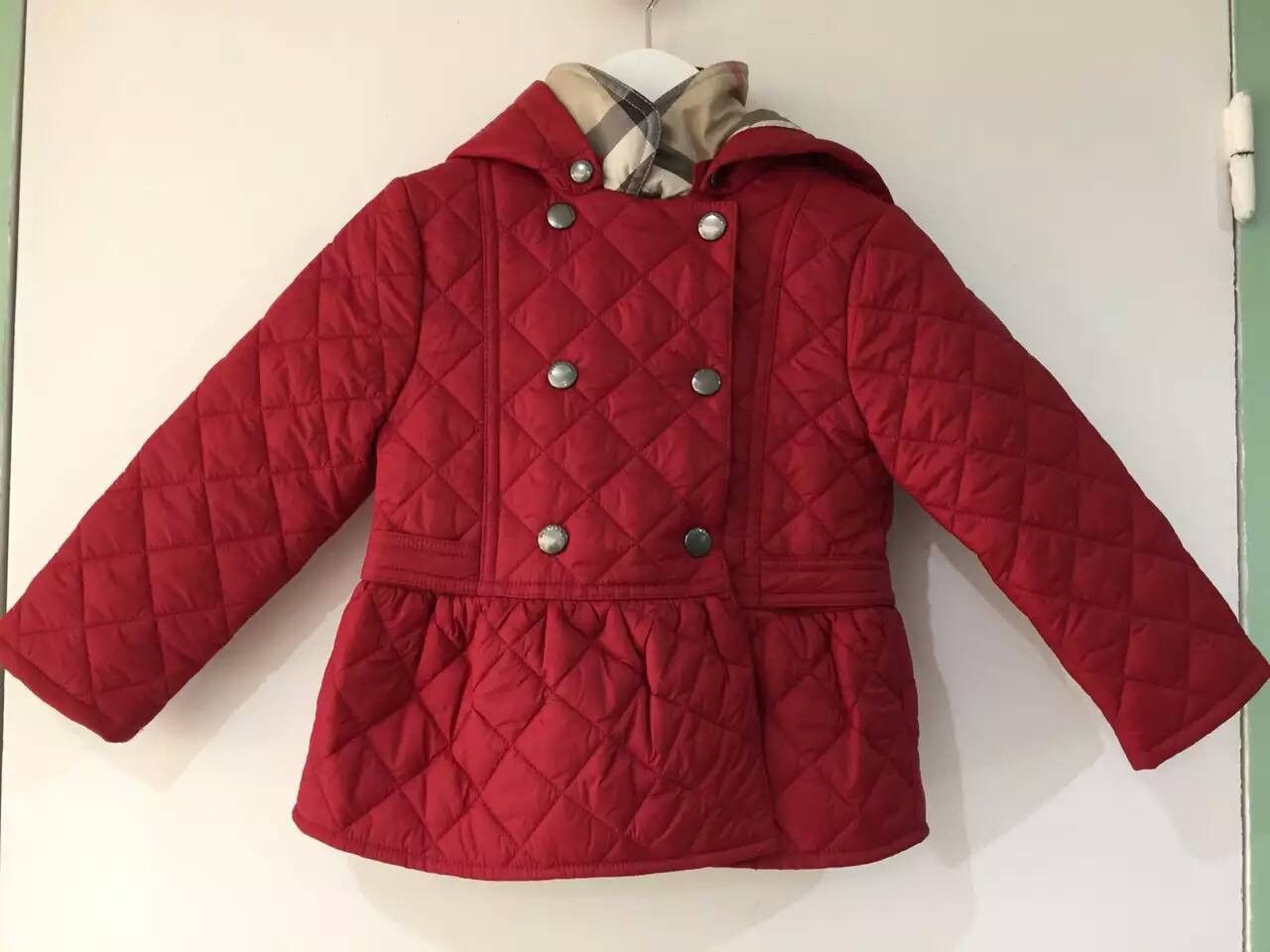 Baby Girls Red Quilted Peplum Jacket Hooded With Lining Check