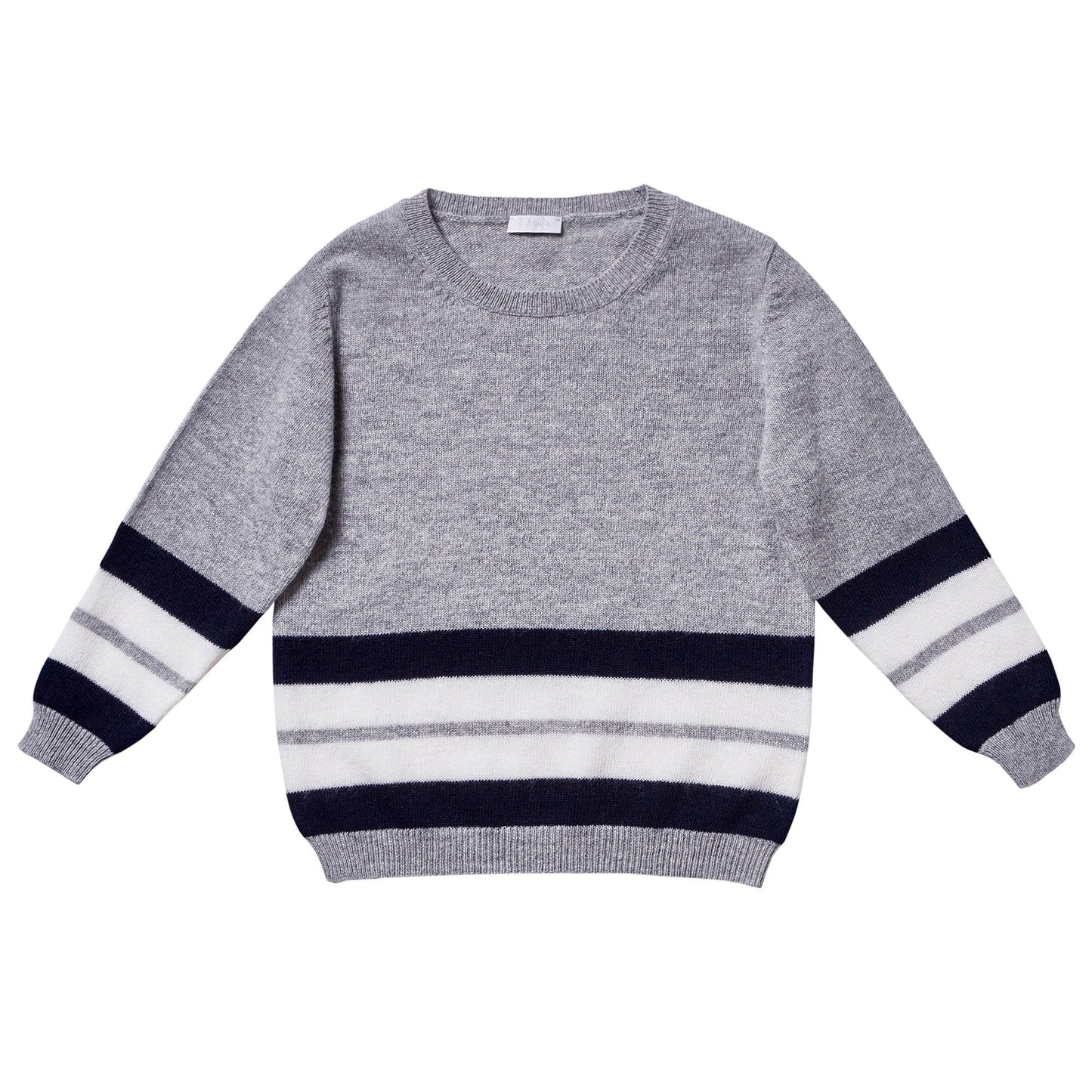 Boys Cloud Grey Wool Sweater With Navy Blue Stripe