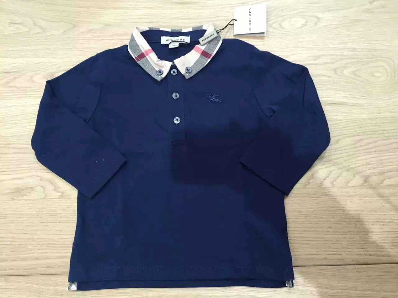 Baby Boys Navy Blue Polo Shirts With Beige Check Collar