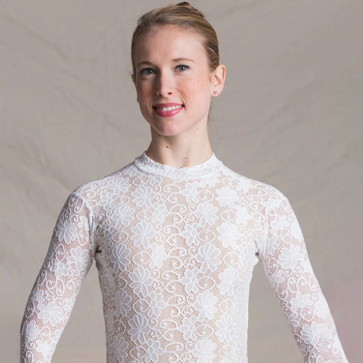 女士白色蕾丝长袖芭蕾舞连体衣(1404/White)
