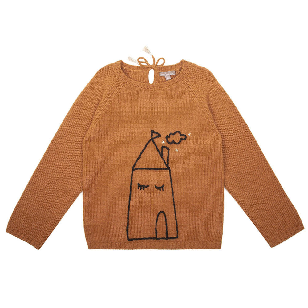 Girls Brown Hand-painted Printed Knitted Wool Sweater