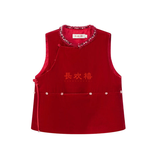女童红色丝绒"叮叮当"夹棉马甲