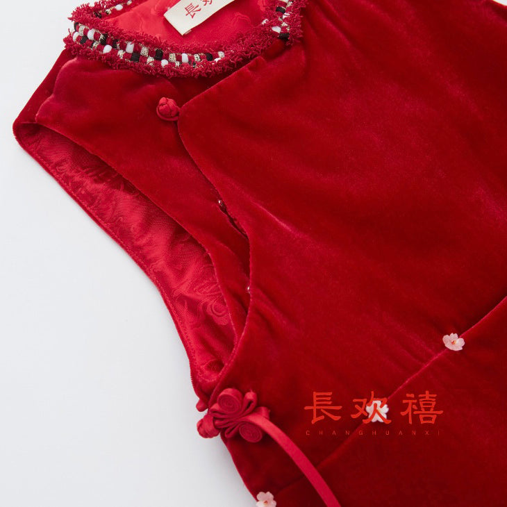 女童红色丝绒"叮叮当"夹棉马甲