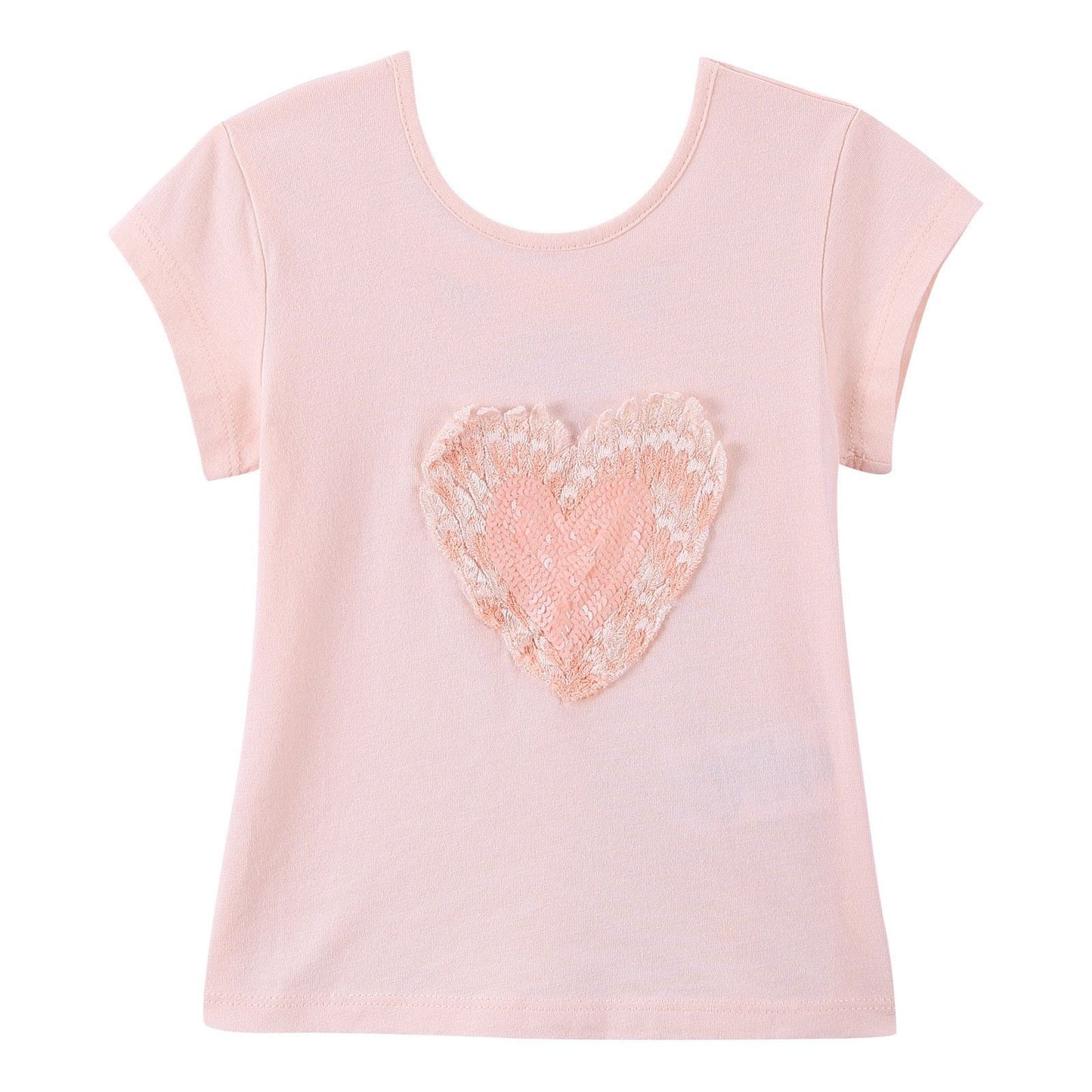 Girls Pink Cotton T-Shirt With Patch Sequin Heart Trims