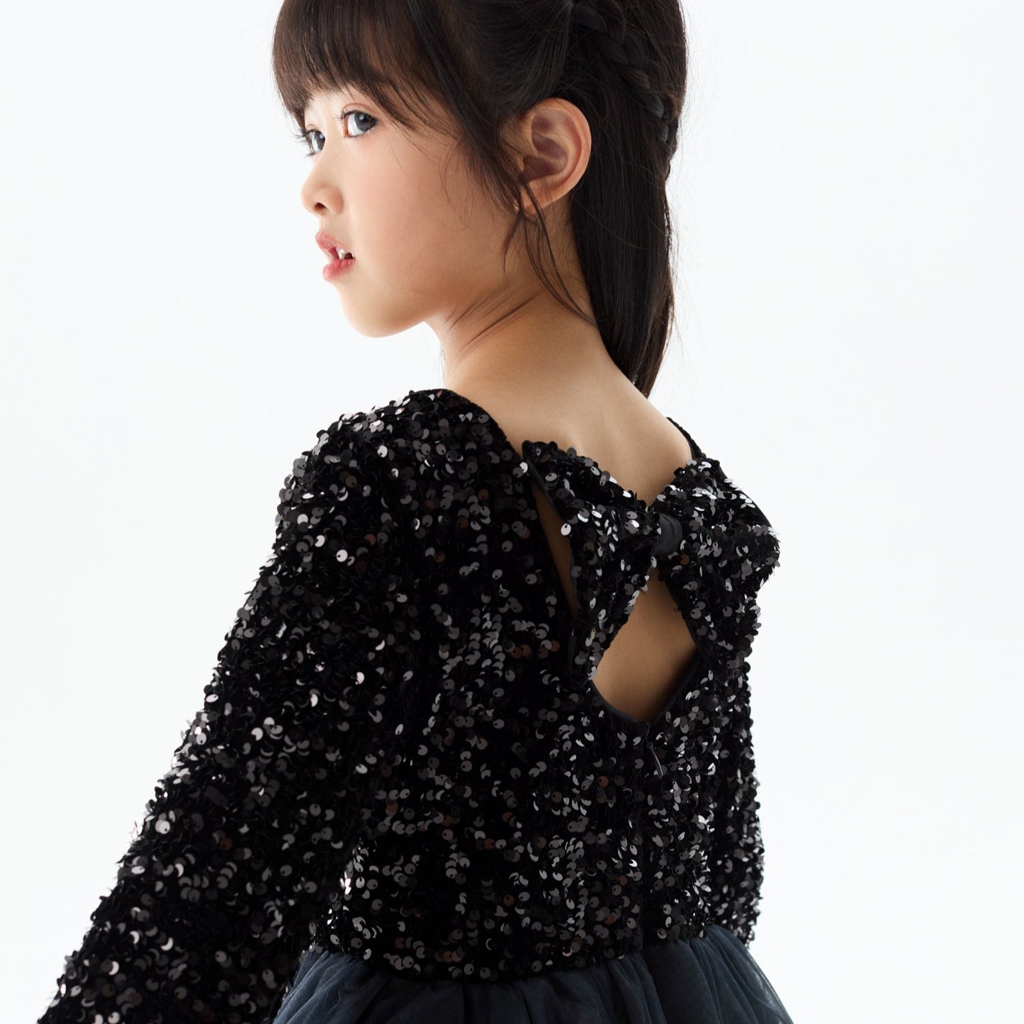 女童黑色亮片丝绒蝴蝶结礼服裙