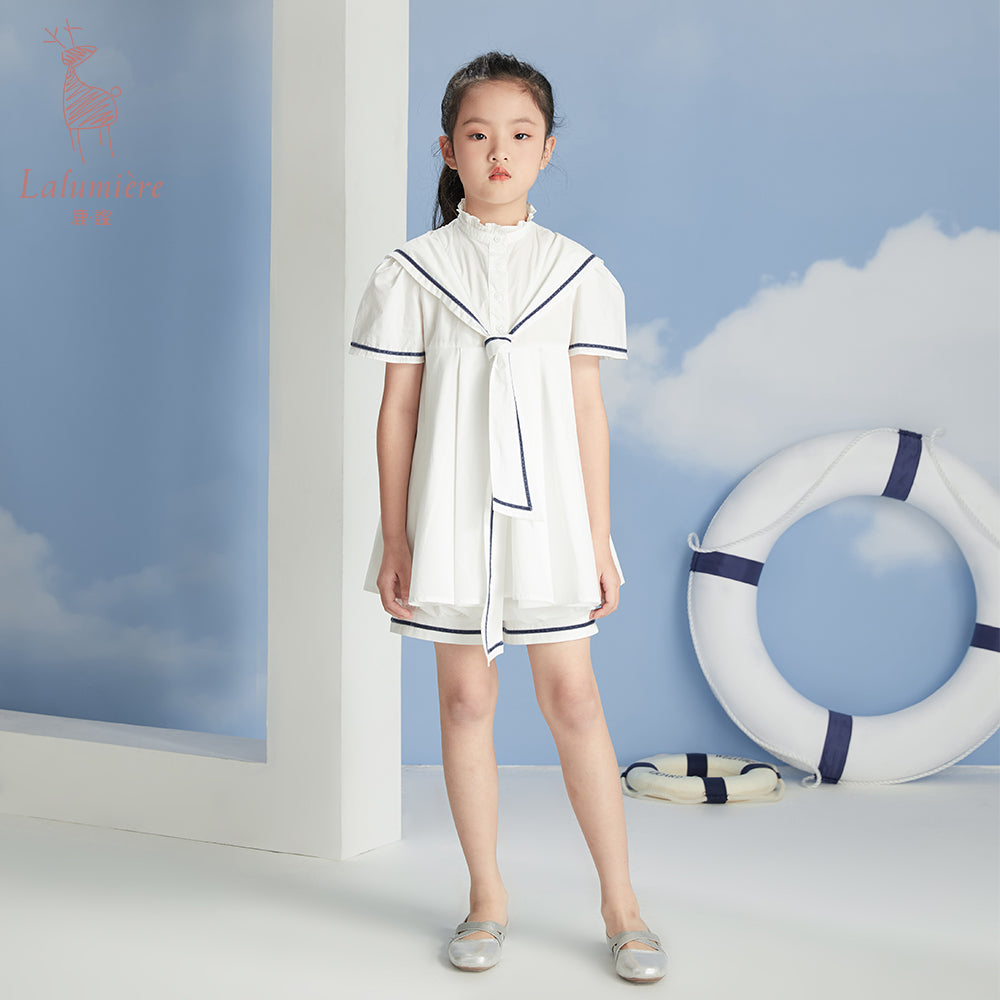 女童小海军棉布衬衫裙+花苞裤套装