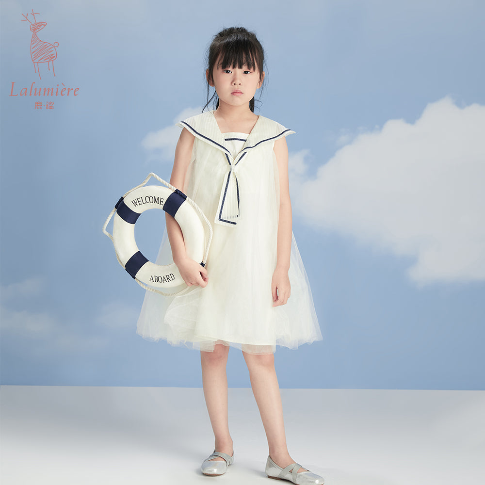 女童奶杏色海军娃娃纱裙