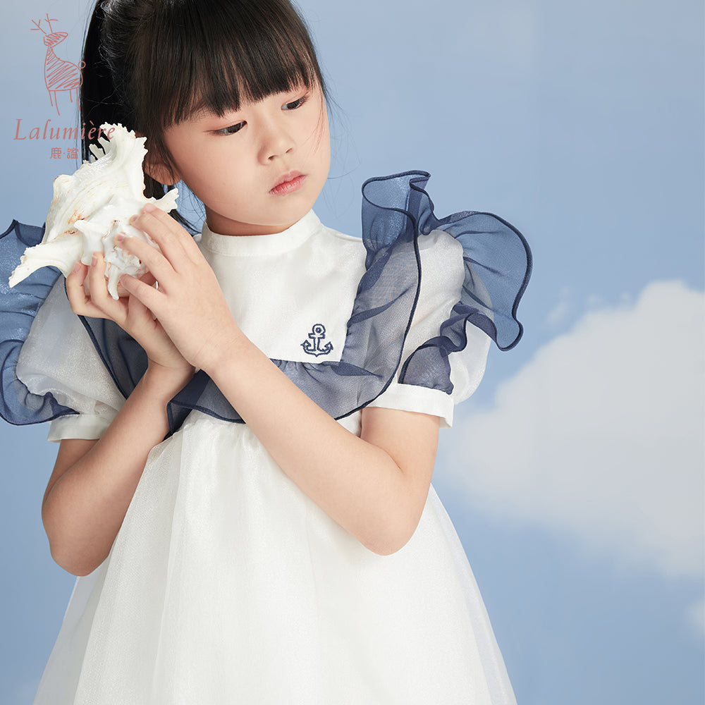 女童白色船锚刺绣礼高定服裙