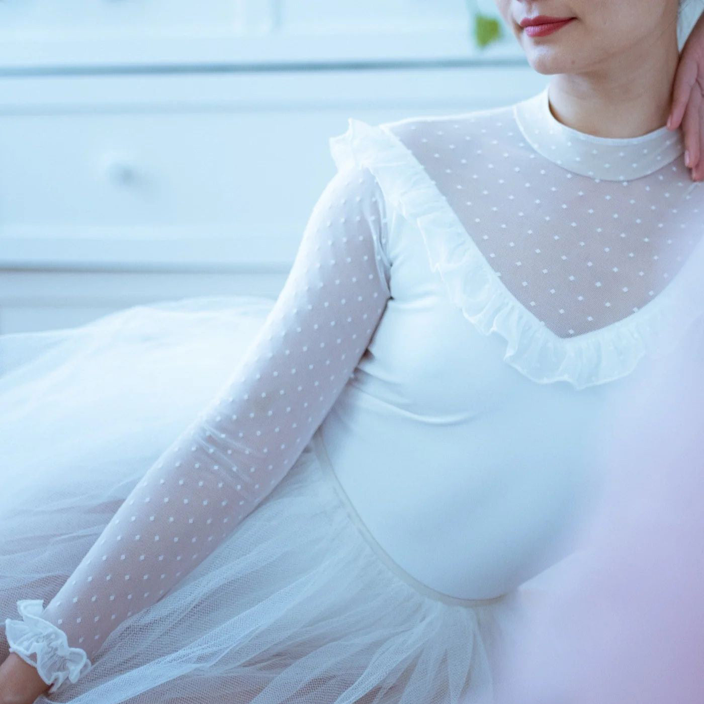 女士白色长袖芭蕾舞连体衣(2033/White)