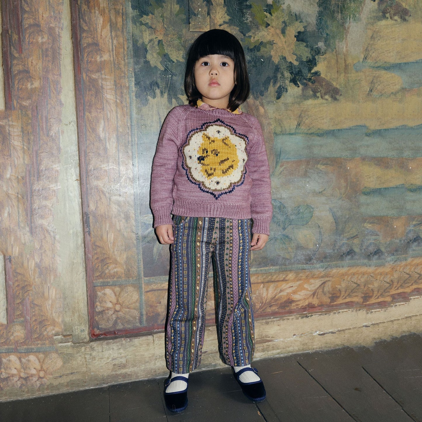 儿童粉色小狗提花羊毛毛衣