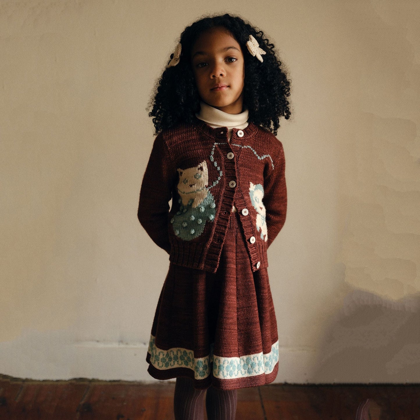 儿童砖红色猫咪羊毛开衫