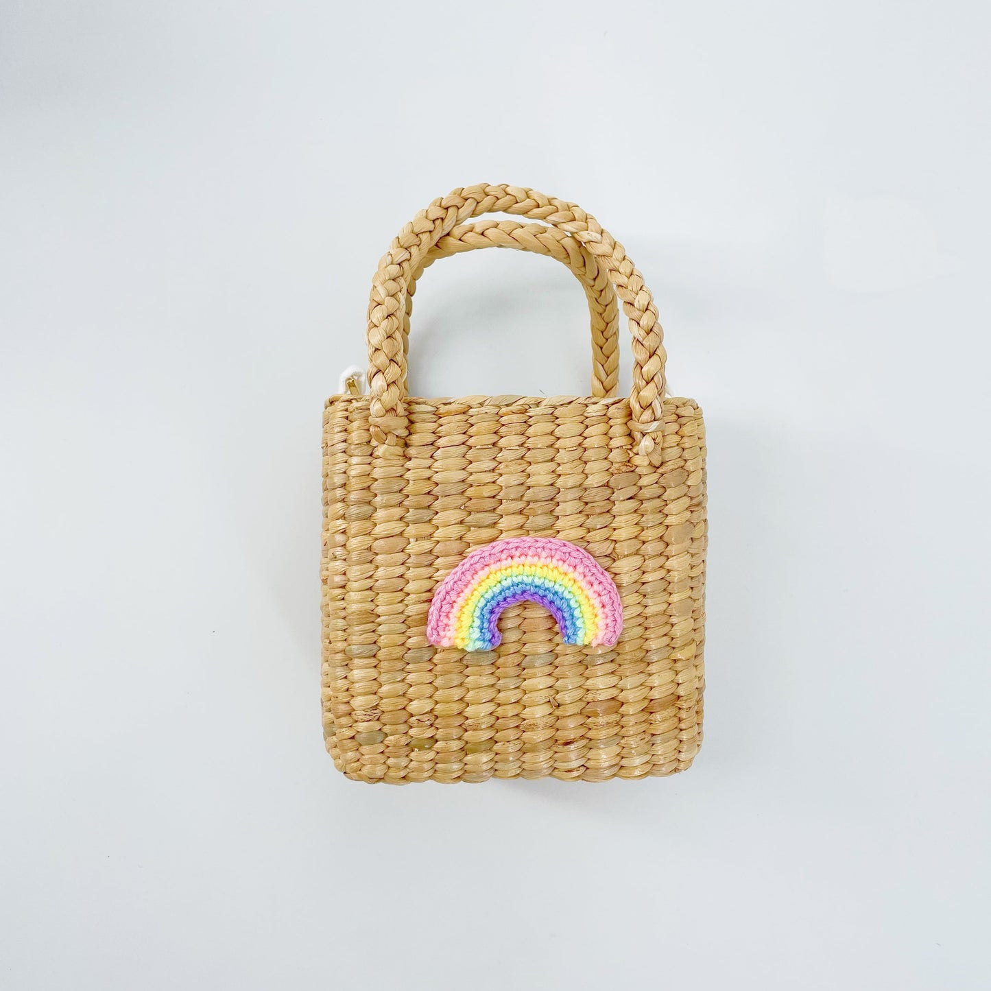 儿童彩虹手提复古草编包