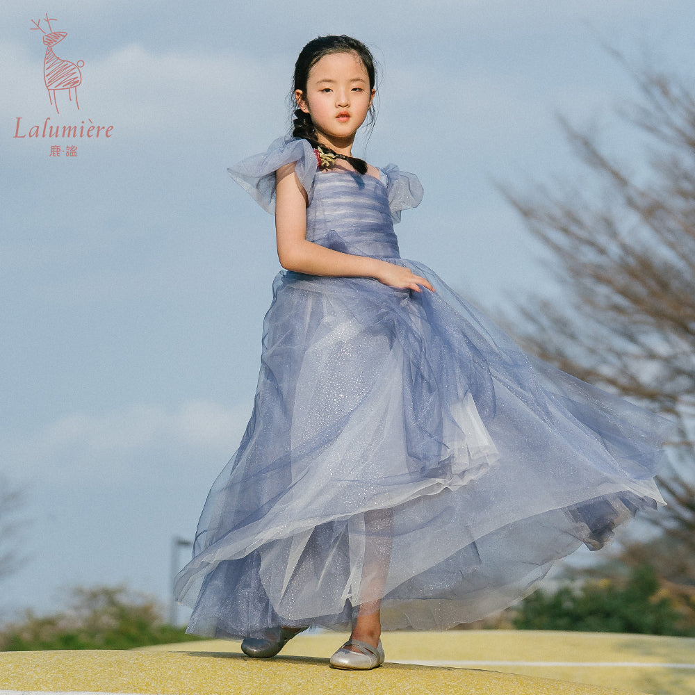 女童星光蓝蝴蝶袖礼服裙
