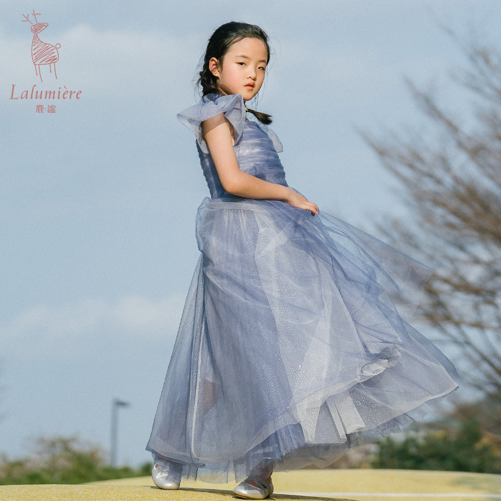 女童星光蓝蝴蝶袖礼服裙