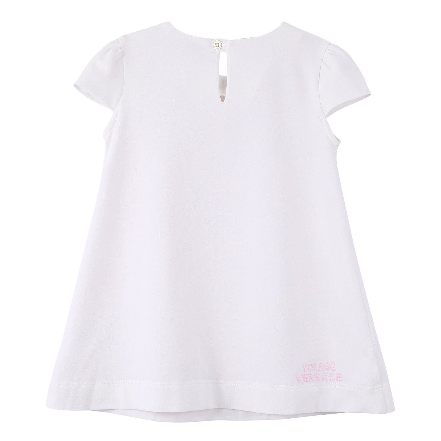 Baby Girls White Cotton Dress With Pink Greca Key Print