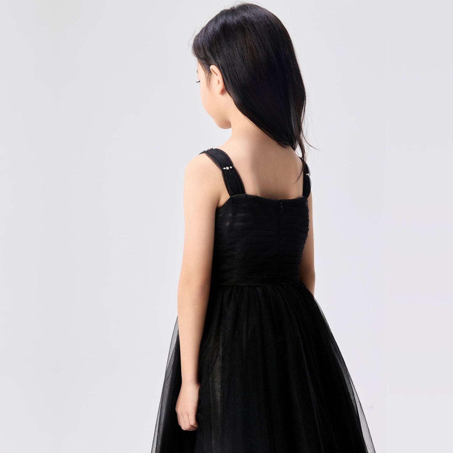 女童黑色珠绣吊带礼服裙