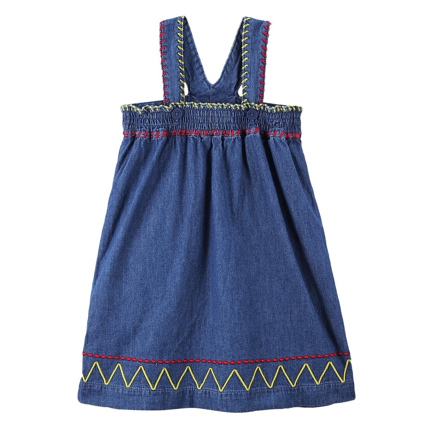 Girls Blue Cotton Denim Dress With Zig Zag Embroidered Trims