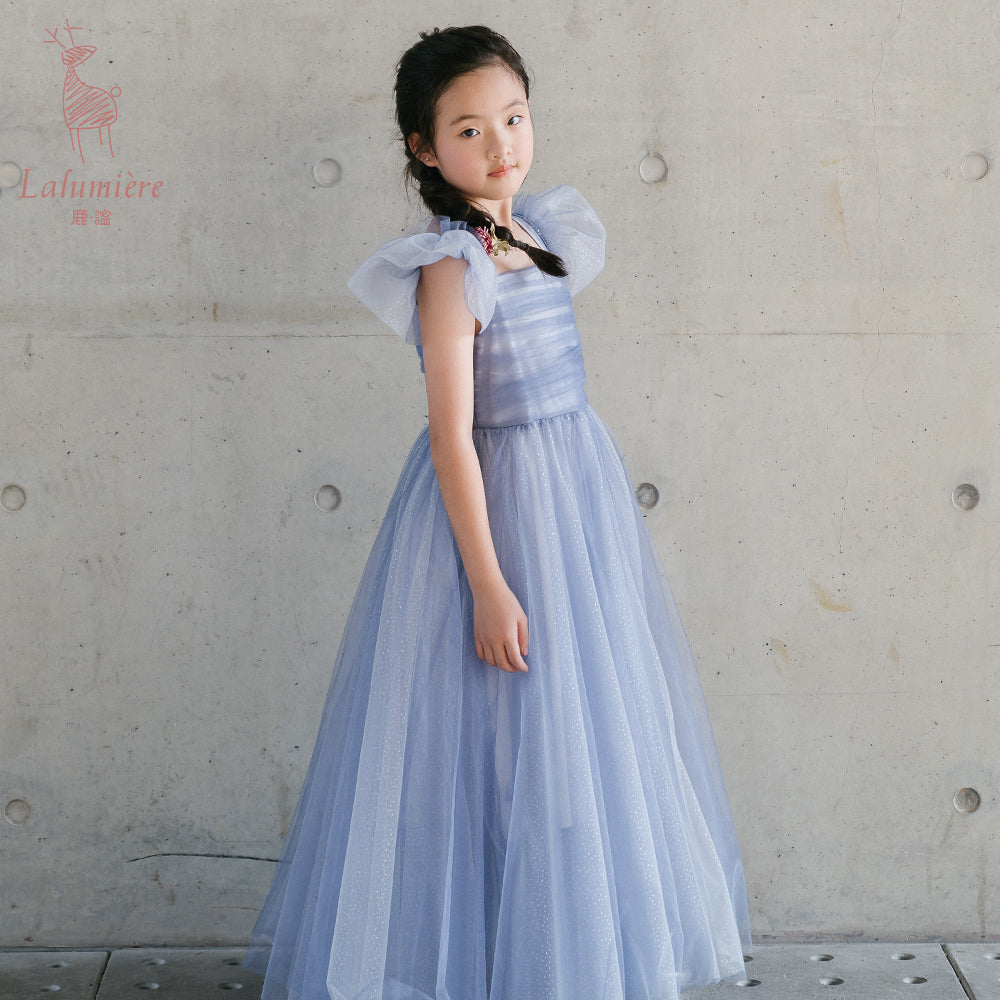 女童星光蓝蝴蝶袖礼服裙