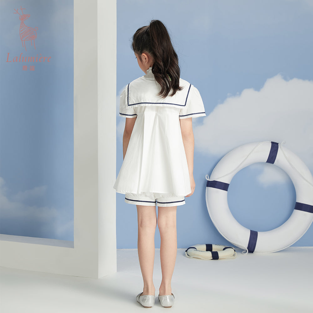 女童小海军棉布衬衫裙+花苞裤套装