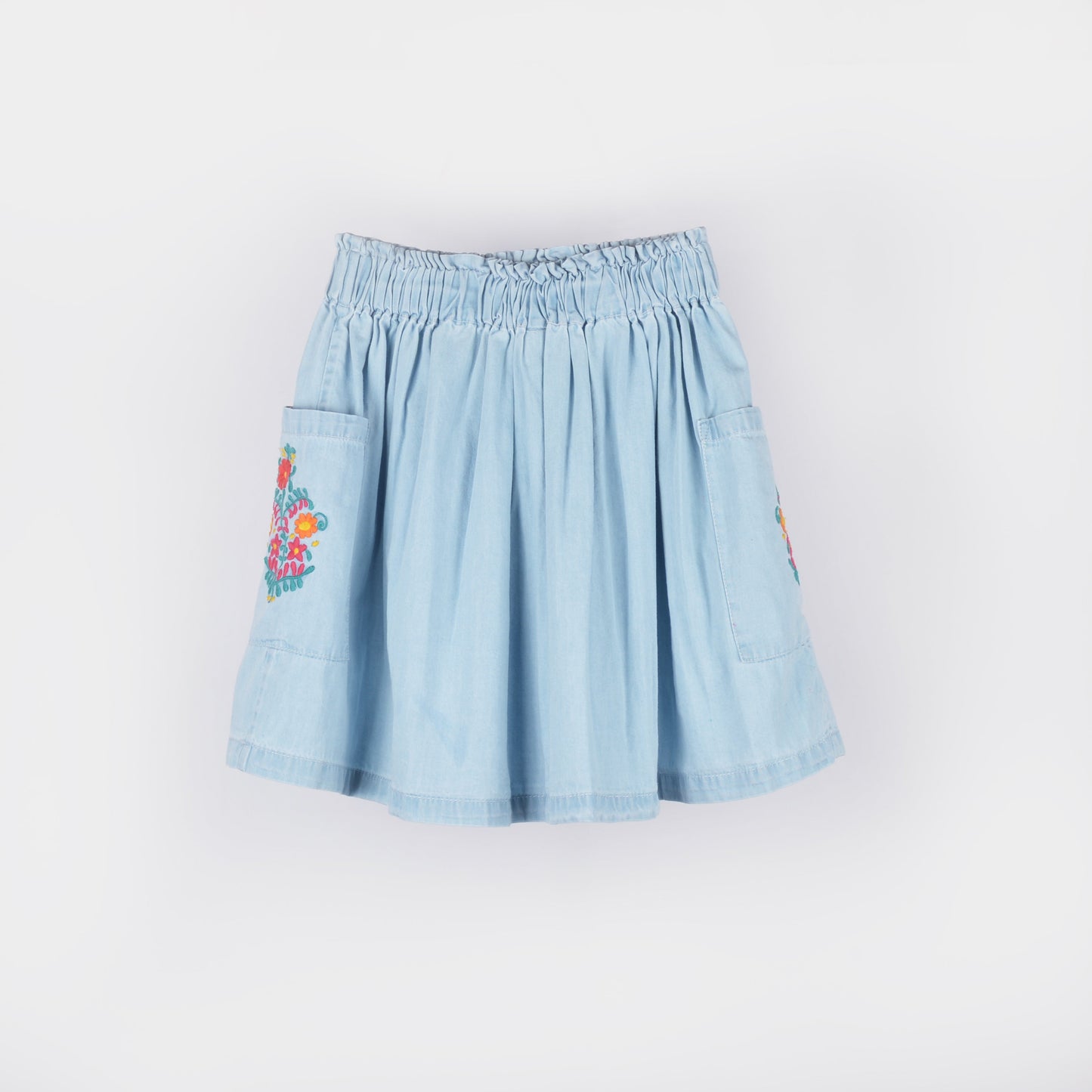 Girls Denim Blue Cotton Embroidered Skirt