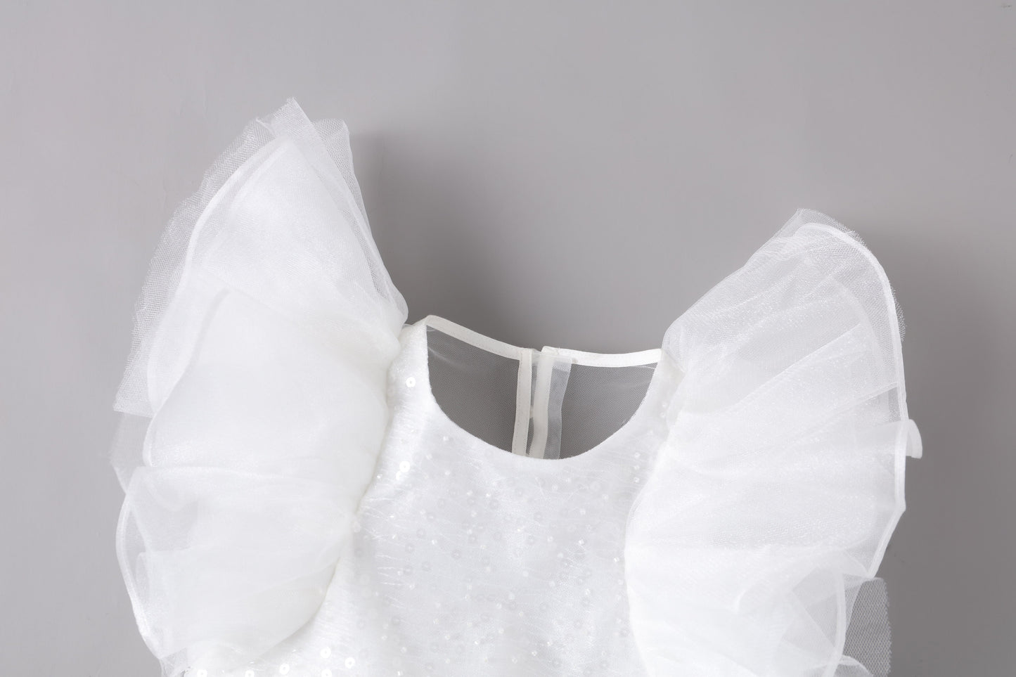 女童白色蝴蝶袖长礼服裙