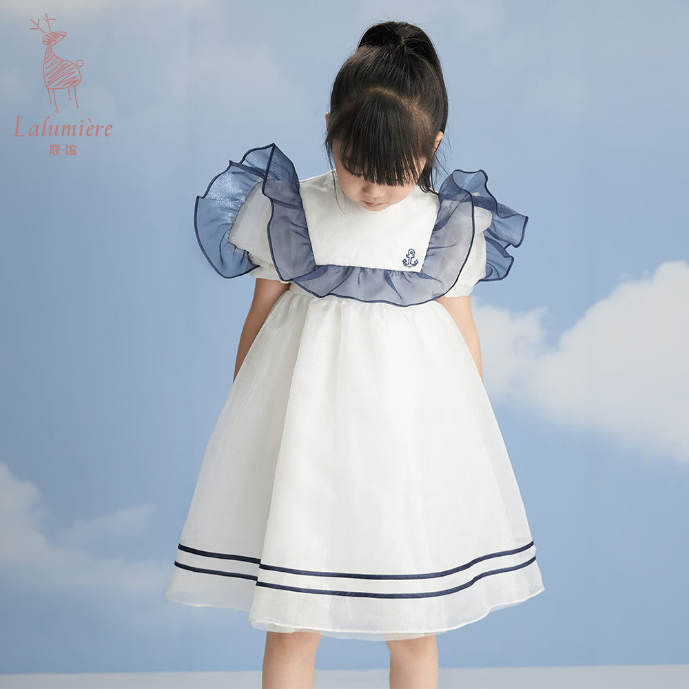 女童白色船锚刺绣礼高定服裙