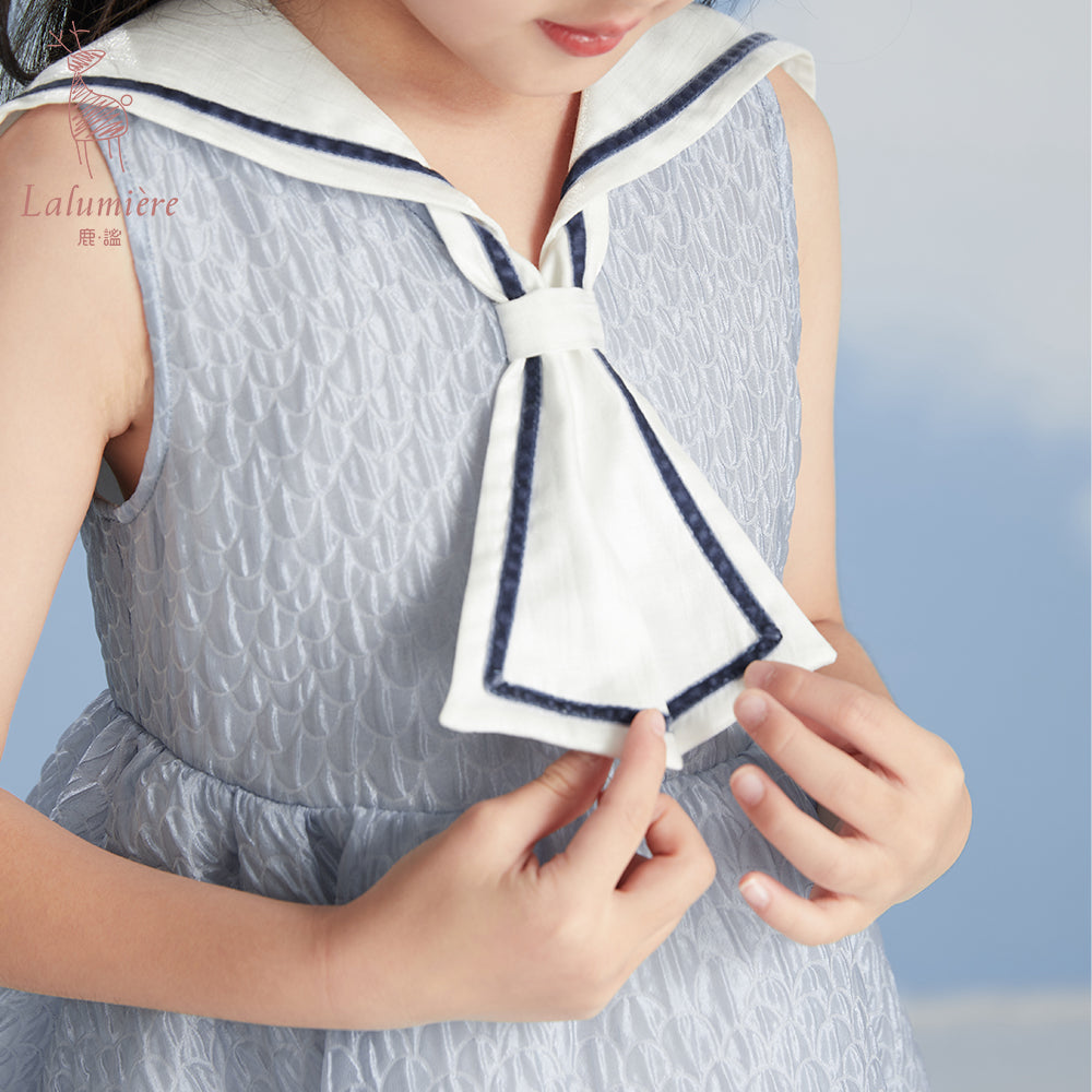 女童海军领蓝色水波纹小礼服