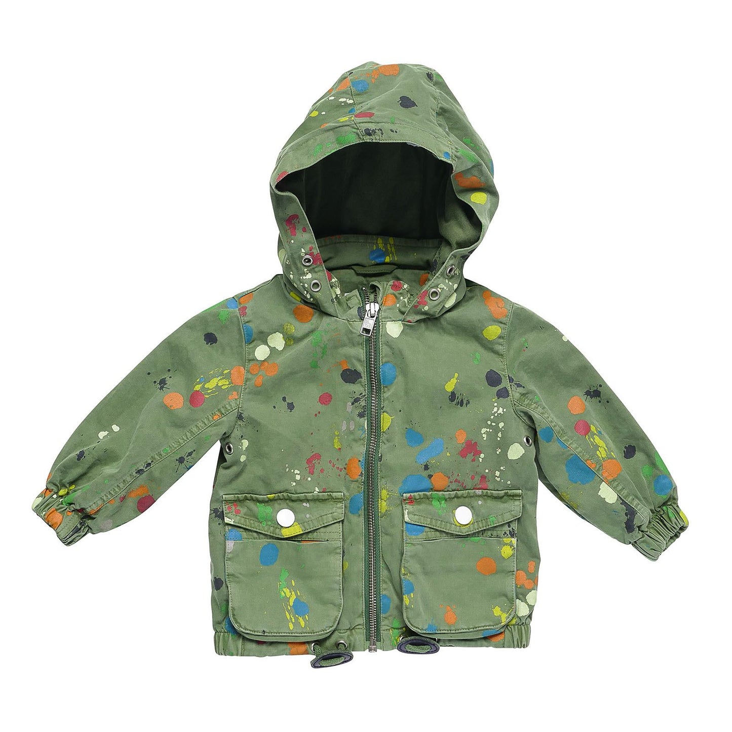 Baby Girls Green Cotton Hooded Outerwear Zip-up Tops With Spot Print Trims