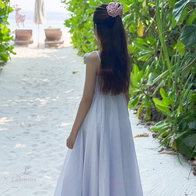 女童紫色可拆卸玫瑰花度假裙