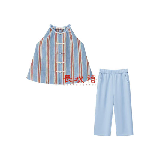 女童浅蓝色"半夏"条纹上衣&长裤套装