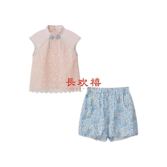 女童粉色"花影"刺绣上衣&碎花短裤套装