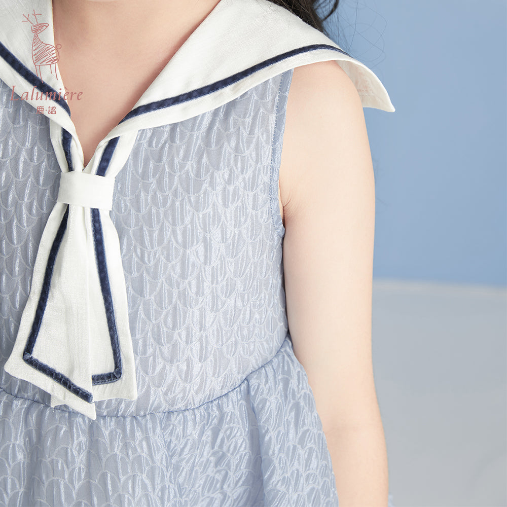 女童海军领蓝色水波纹小礼服