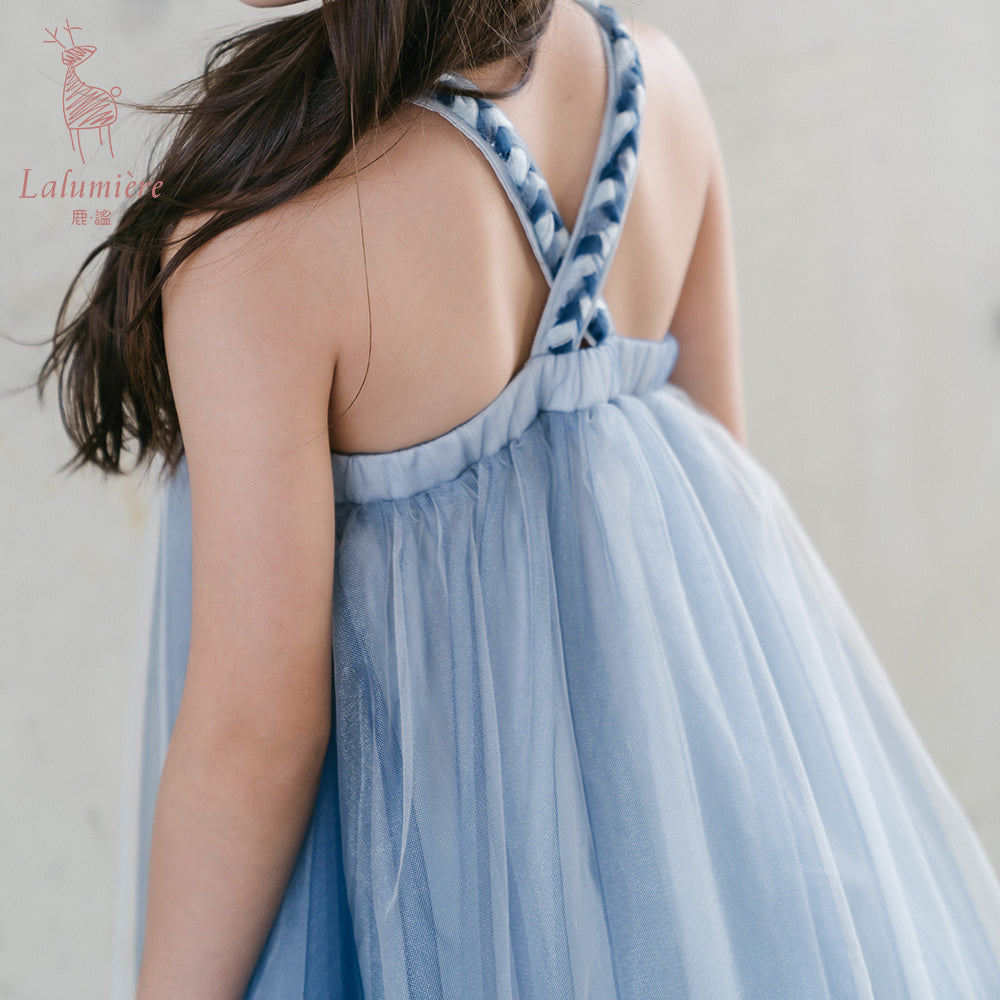 女童海蓝色编织吊带娃娃裙