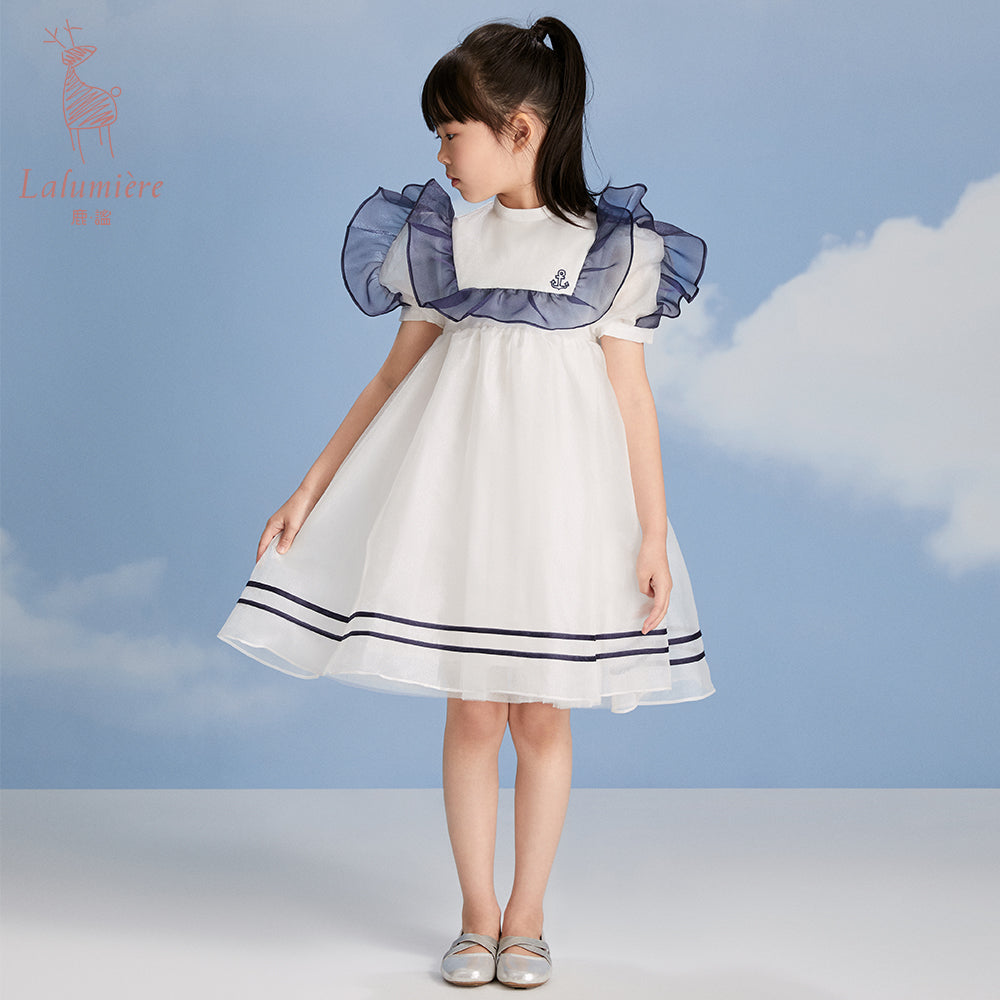 女童白色船锚刺绣礼高定服裙