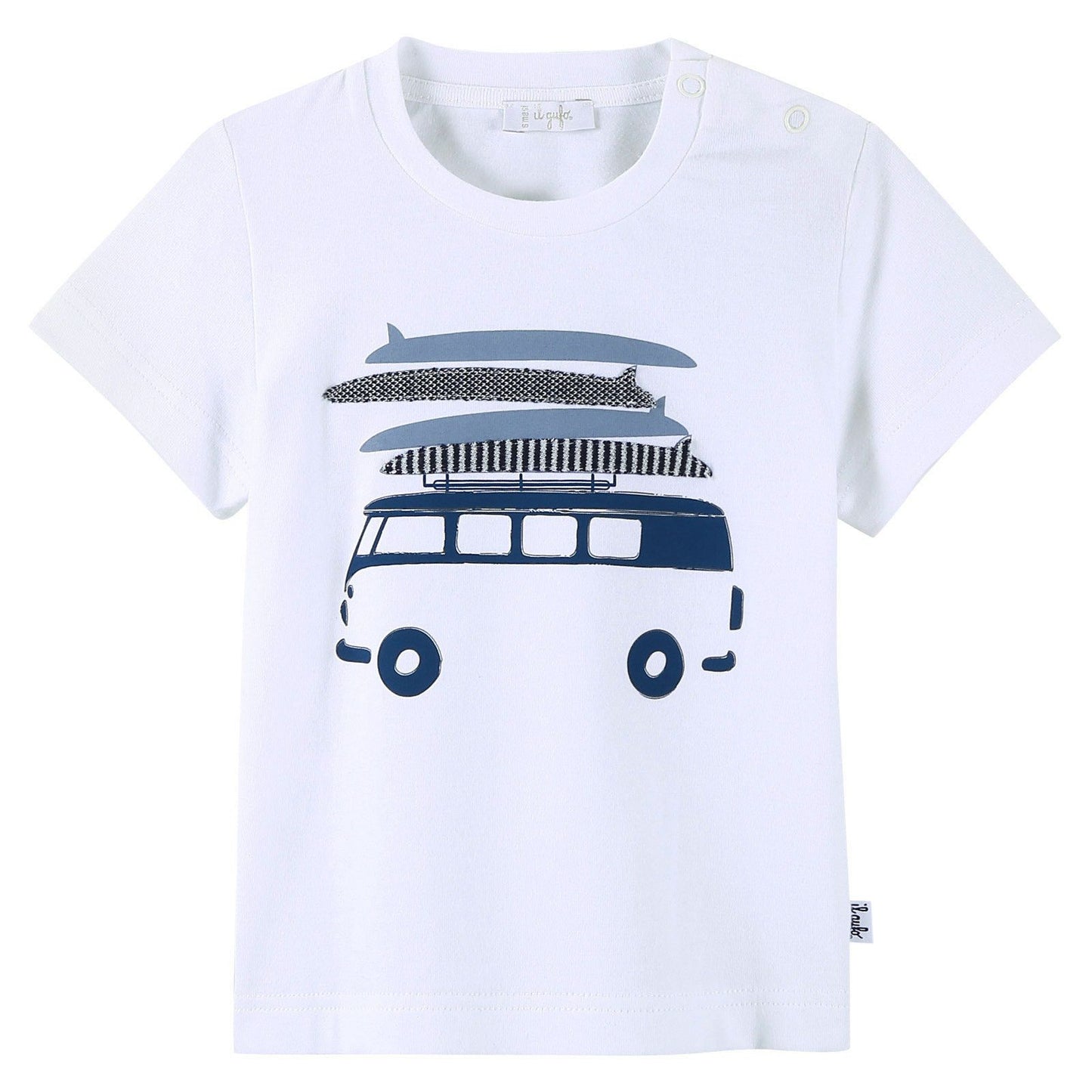 Baby Boys White T-Shirt With Navy Blue Bus Print