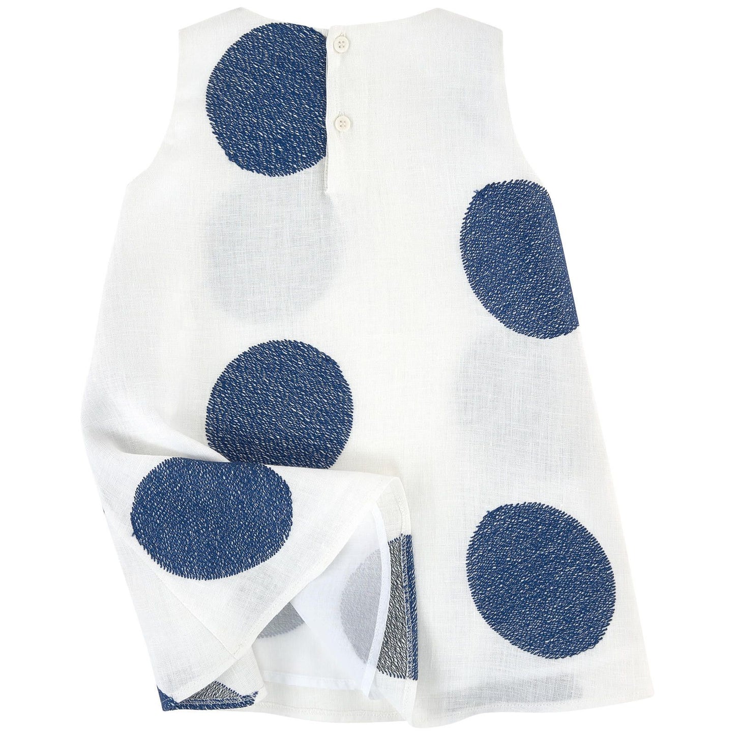 Girls White Linen Sleeveless Dress With Blue embroidered Trims