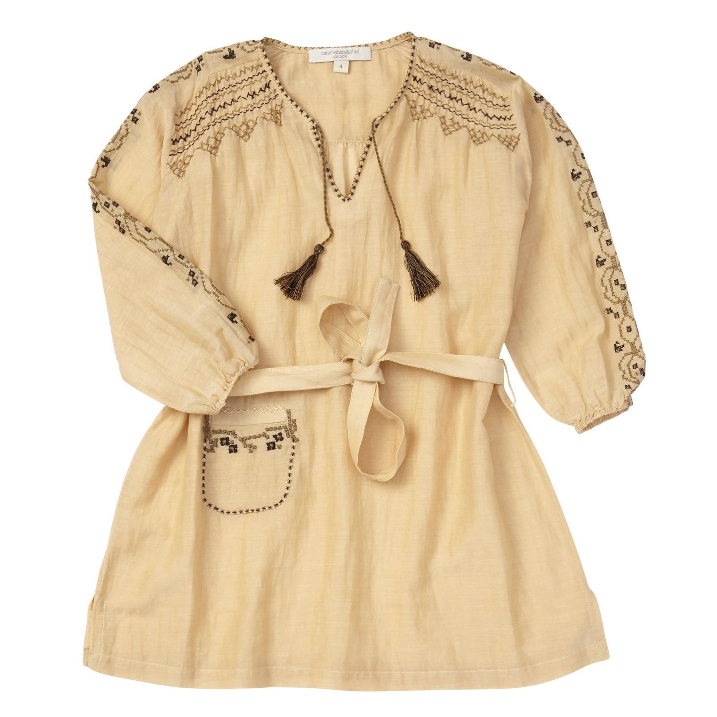 Girls Beige Dress With Khaki Embroidered Trims