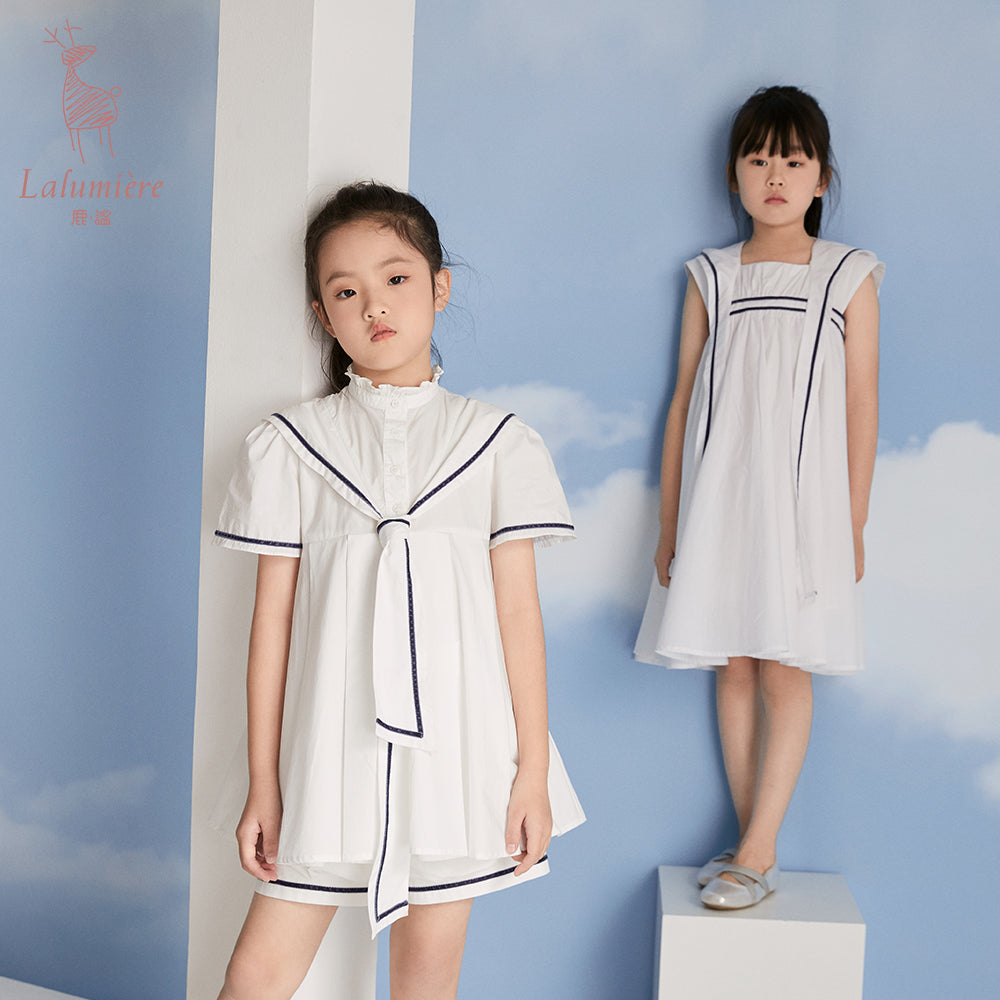 女童小海军棉布衬衫裙+花苞裤套装