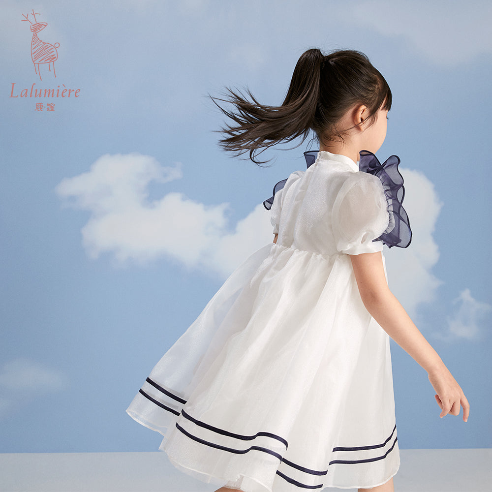 女童白色船锚刺绣礼高定服裙