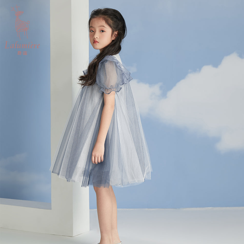 女童海蓝色荷叶边系带礼服裙